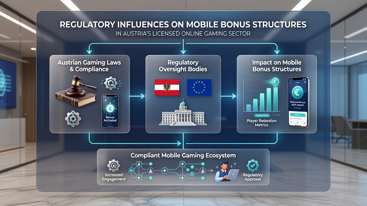 Mobile gaming interface showing compliant bonus structures under Austrian regulations with regulatory icons and compliance checklists